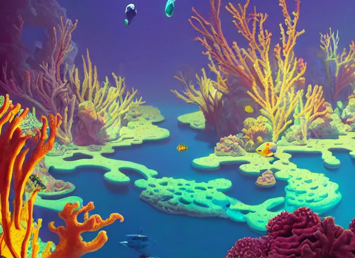 Image similar to a luminescent coral reef by paolo eleuteri serpieri and tomer hanuka and chesley bonestell and daniel merriam and tomokazu matsuyama and killian eng, unreal engine, high resolution render, featured on artstation, octane, 8 k, highly intricate details, vivid colors, vector illustration, rainbow colors