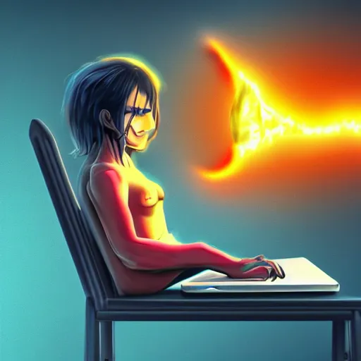 Image similar to a demon ~ using a laptop ~ lava background ~ sitting on a chair ~, 4 k, ultra hd