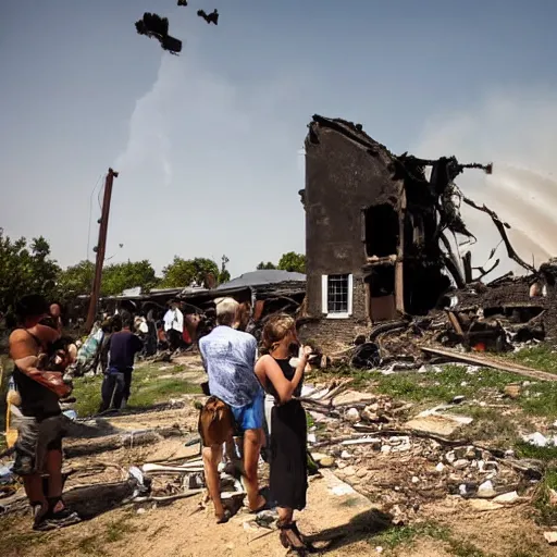 Prompt: an old village house, in the ground a large funnel from the explosion, around people take pictures of this funnel