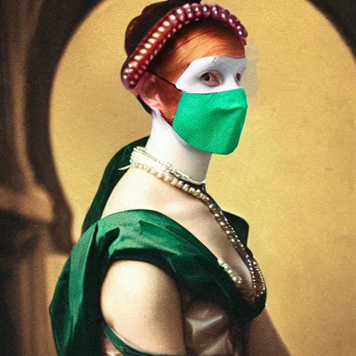 Prompt: a woman wearing a mask with pearls on it, a colorized photo by michelangelo, reddit, rococo, adafruit, art, rococo