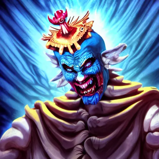 Image similar to 4K headshot of godlike clown with blue skin with defined arms and open hands and bloody clothes with giant mandala wings , white intricate scary clown makeup , flawless anime cel animation by Kentaro Miura, psychedelic , highly detailed upper body , professionally post-processed , beautiful, scary, symmetry accurate features, epic, octane rendered, anime masterpiece, accurate