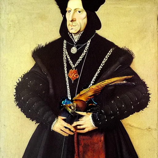 Image similar to a highly detailed painting of a raven dressed as an elegant tudor gentleman by hans holbein