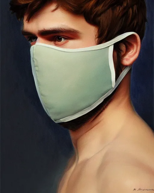 Image similar to masterpiece oil paint of a european young man covering face with fabric mask, ultrarealistic, trending on artstation, extremely detailed