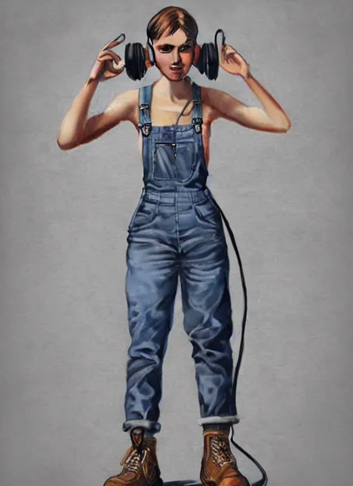 Prompt: digital _ painting _ of _ girl with headphones, overalls, combat boots _ by _ filipe _ pagliuso _ and _ justin _ gerard _ symmetric _ fantasy _ highly _ detailed _ realistic _ intricate _ port