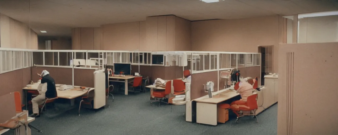 Prompt: security cam footage of someone eating spaghetti at their cubicle alone, kodachrome, in the style of wes anderson, retro!!! no!!! repeat!!!