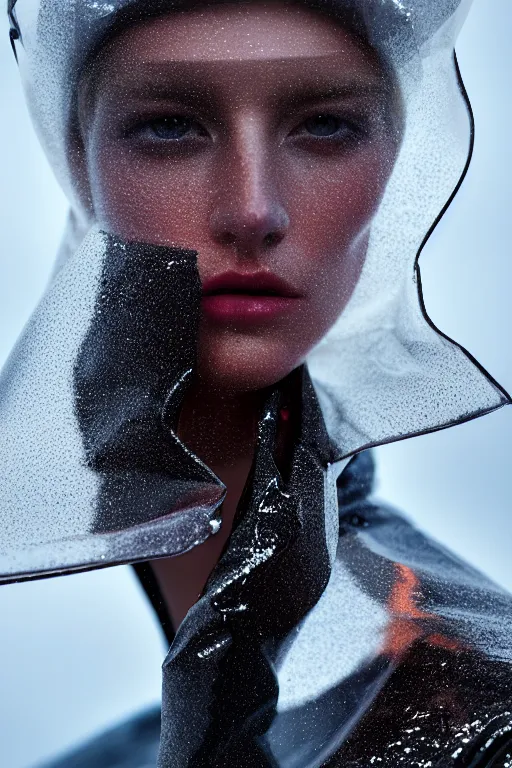 Image similar to an ultra high definition professional high fashion portrait studio full length photograph of a model wearing a transparent pearlescent raincoat and neon visor in an icelandic black rock environment at dawn. no artefacts. extremely detailed. stark. refraction. shallow depth of field. volumetric light and shadow. ray tracing. light rays.