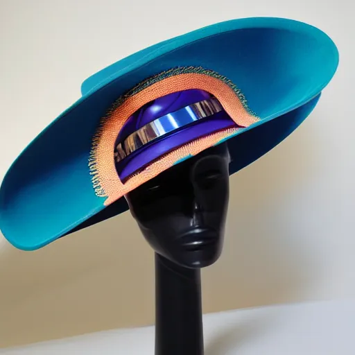 Image similar to [high tech cowboy hat in futuristic colours and fabrics, object design, couture]