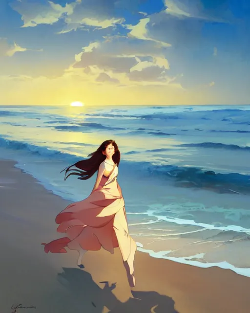 Image similar to lonely young woman wandering a beach at sunset painting by sargent and leyendecker, studio ghibli, fantasy, medium shot, asymmetrical, intricate, elegant, matte painting, illustration, hearthstone, by rhads by greg rutkowski, by greg tocchini, by james gilleard, by joe fenton