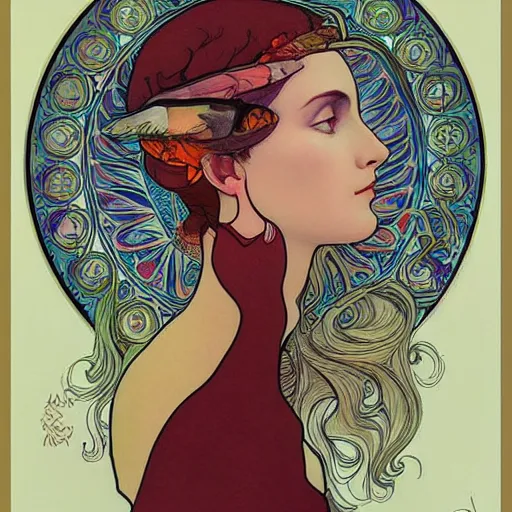 Image similar to The Goddess of Art, beautiful eyes, symmetrical face, paint, ink, palettes, spectrum, in the style of Joshua Middleton, Mucha, Kandinsky