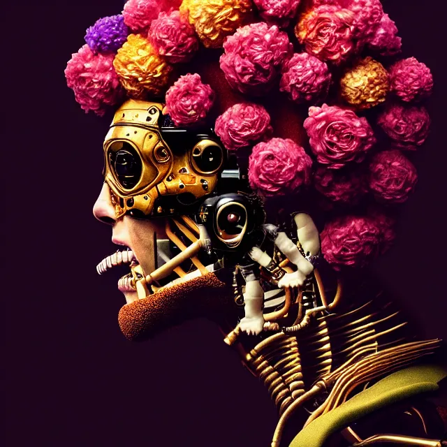 Image similar to bizarre surreal renaissance portrait of the terminator with a a flower afro made out of various flowers, eating flowers, dramatic cinematic lighting, bold colors, 8 k, beautiful intricate painting, hyper realistic, octane render