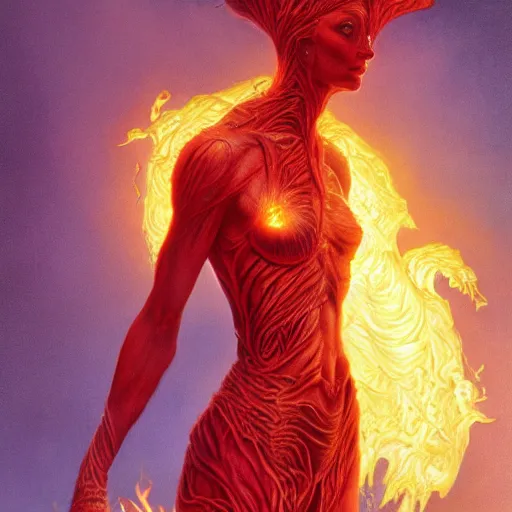 Image similar to A stunning portrait of a goddess, her body made of flames, by Wayne Barlowe and Jim Burns, 8K UHD, intricate, fantasy, Trending on artstation.