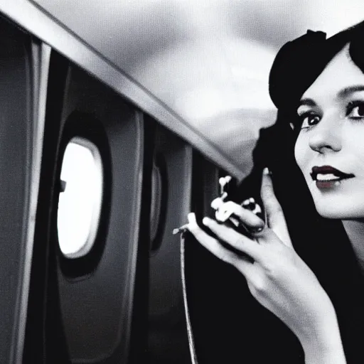 Prompt: a beautiful dark - haired girl sitting on a plane in first class while smoking a cigarette 1 9 7 9 photo