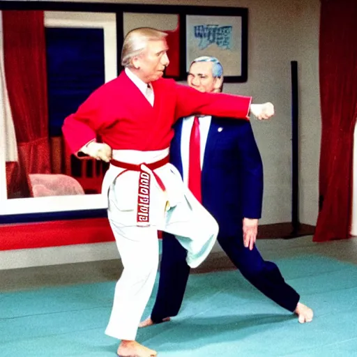 Prompt: Mr. Rogers sparring with Donald Trump in the karate style of Wado-ryu, neon karate gi