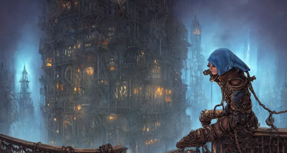 Image similar to landscape painting of fantasy metal steampunk city that has a light blue glow with walkways and lit windows and a fine detailed hooded thief in browns leathers climbing one of the tall buildings using a rope, fine details, magali villeneuve, artgerm, rutkowski