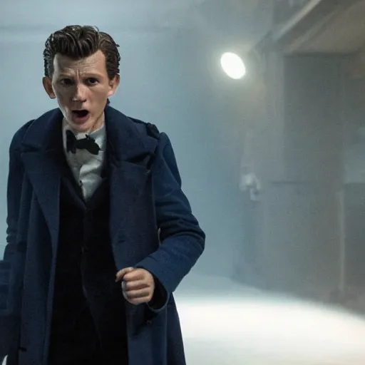 Image similar to tom holland as a rough dirty old man with a scruffy beard in a dark blue trenchcoat as the new doctor who, cinematic, volumetric lighting, f 8 aperture, cinematic eastman 5 3 8 4 film, photorealistic