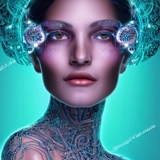 Image similar to very beautiful woman integrating with technology, full face frontal centered, portrait, insipiring, detailed intricate ornate cables connected to head, big open electric eyes, luxurious detailed abundent wiring and implants, diamonds, sci - fi, neon, emeralds, detailed technology full background with cyber flowers, highly detailed, artstation, cgsociety, 8 k rene lalique and eddie mendoza