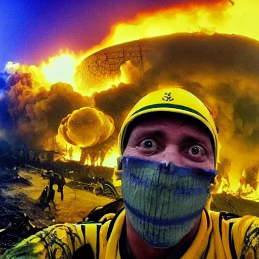 Prompt: , funny and frightened ukrainian burned to bones bleeding in dirty yellow and blue rags on the background of a huge nuclear explosion selfie 2 0 2 2