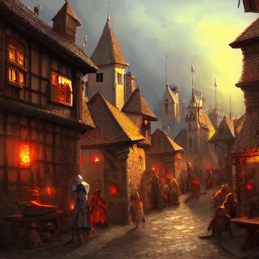 Image similar to busy medieval village, deviantart, artstation, fantasy