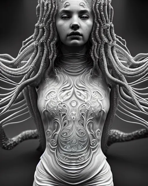 Image similar to mythical dreamy underwater black and white photo of a translucent beautiful female angelic - medusa - vegetal, highly detailed, intricate crystal ivy jelly ornate, poetic, translucent algae ornate, digital art, octane render, 8 k artistic photography, photo - realistic, hg giger