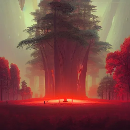 Prompt: red futuristic temple between giant trees, shooting stars, dramatic lighting, artstation, matte painting, raphael lacoste, simon stalenhag, frank lloyd wright