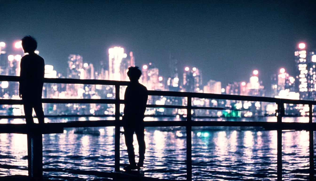 Prompt: 80s asian neon movie still with a lone man on a pier overlooking the river at night with city lights behind his back. Fallen angels movie still. hyperrealistic, high definition, medium format photography, highly detailed, tehnicolor, anamorphic 50mm lens