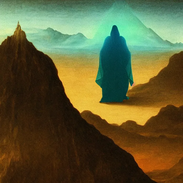 Image similar to cloaked figure, giant distant glowing mountain that looks like a bell curve, da vinci painting, teal palette, eschaton