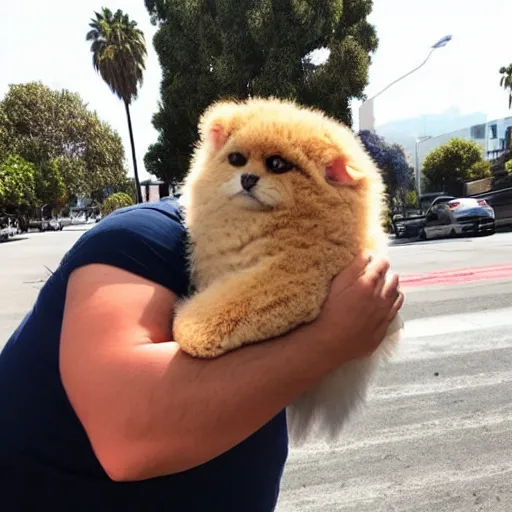 Prompt: LOS ANGELES, CA, USA-SEP 20, 2017: The most helpful friendly huggable fluffy creature that emerged from the opening of the Celestial Divine Portal