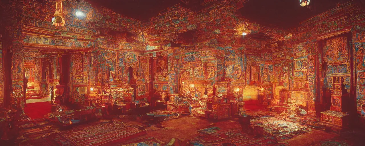 Image similar to an interior of an ancient tibetan temple adorned with intricate spaghetti designs, canon 5 0 mm, cinematic lighting, photography, retro, film, kodachrome, closeup