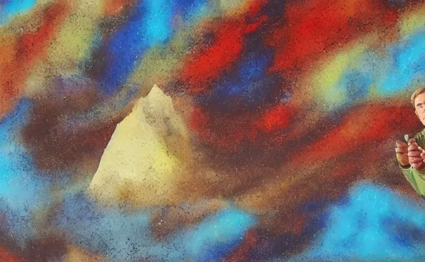 Image similar to Captain Kirk is climbing a mountain; why is he climbing a mountain? To hug the mountain To envelop...that mountain, abstract painting, subtle and emotional and physical