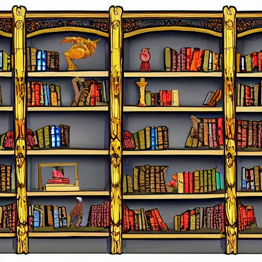 Image similar to enchanted bookshelves, in the style of colin thompson, highly detailed, playful fantasy.