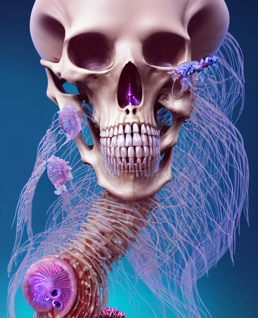 Image similar to goddess close - up portrait human skeleton, ram skull, jellyfish, orchid, betta fish, bioluminiscent, intricate artwork by tooth wu and wlop and beeple. octane render, trending on artstation, greg rutkowski very coherent symmetrical artwork. cinematic, hyper realism, high detail, octane render, 8 k