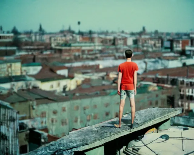 Image similar to lomo photo of man standing on the roof of soviet hrushevka, small town, cinestill, bokeh, out of focus