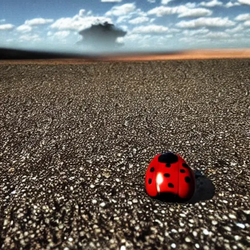 Prompt: promotional still wide angle, ladybug tripod roams a barren wasteland, dramatic lighting, ( e. t. the extra - terrestrial ), batteries not included, harry potter, imax, 7 0 mm.