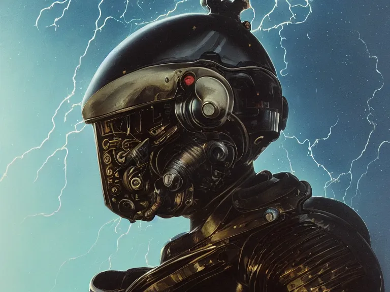 Prompt: a detailed profile oil painting of a bounty hunter in armour and visor, cinematic sci-fi poster. technology flight suit, anatomy portrait symmetrical and science fiction theme with lightning, aurora lighting clouds and stars. Clean and minimal design by beksinski carl spitzweg and tuomas korpi. baroque elements. baroque element. intricate artwork by caravaggio. Trending on artstation. 8k