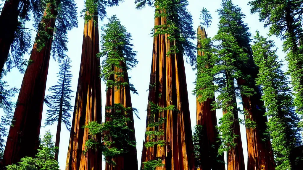 Image similar to Futuristic City in Harmony with Nature(Redwood Trees) by bruce mccall; Location: San Francisco, California;