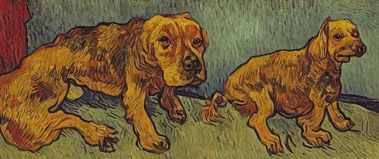 Prompt: studio portrait of a wizened old dog; extremely detailed; oil painting by Vincent Van Gogh