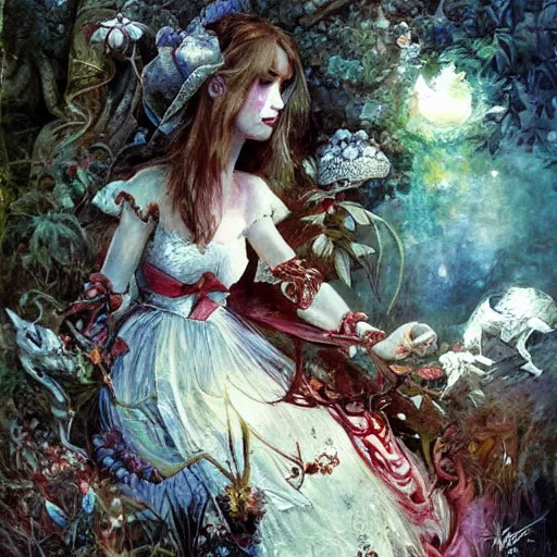 Image similar to alice in wonderland, intricate detail, painting, royo, frazetta, whealan,