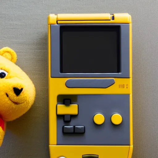 Image similar to Cute yellow teddy bear holding a Game Boy in its paws, playing Tetris.