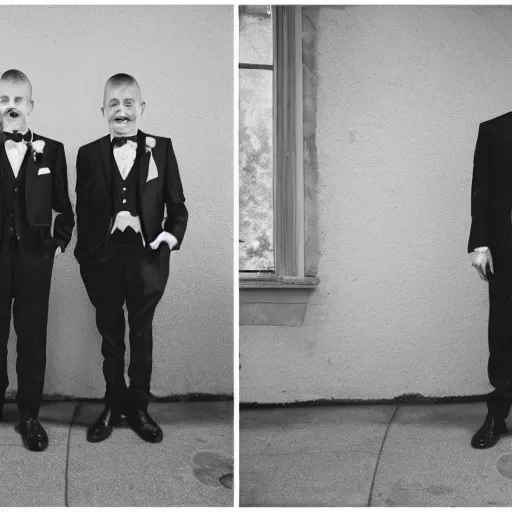 Image similar to two deformed weirdo brothers dressed for a wedding. Photograph.
