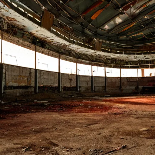 Prompt: Abandoned sports arena with the lights still on, rusty seats