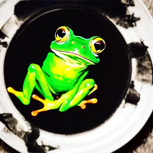 Prompt: frog hovering over a plate with black milk, polaroid photography in style of andrey tarkovski, paranormal, spiritual, mystical, sublime