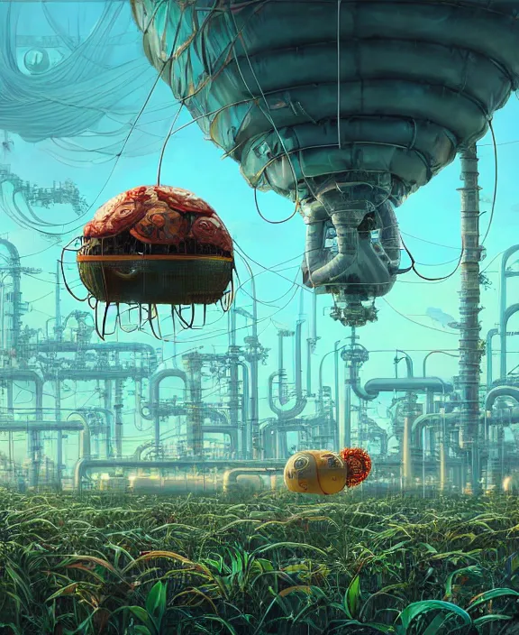 Image similar to inflated industrial plant made from isopod lobster octopus, in the style of puffy spaceship, overgrown with orchids, partly cloudy, spooky, dramatic lighting, by geof darrow, bill sienkiewicz, dan mumford, yusuke murata, makoto shinkai, ross tran, cinematic, unreal engine, cel shaded, featured on artstation, pixiv