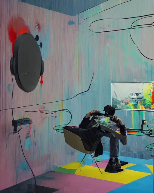 Image similar to a man reclines in a gaming computer chair weargin a vr headset and headphones holding a game controller, in a domestic interior filled with screens by james jean and luc tuymans and beeple and hernan bas and pat steir and hilma af klint, psychological, 3 d, dripping paint, high quality render, masterpiece