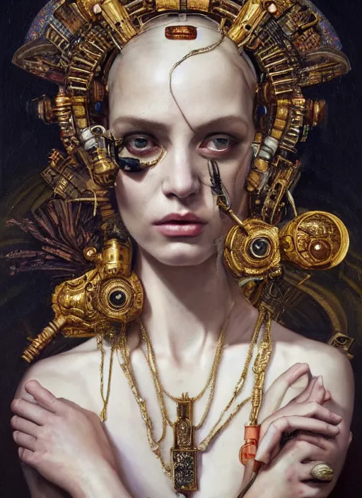 Image similar to highly detailed oil painting | very intricate | cinematic lighting | award - winning | portrait of the goddess of cyberpunk dressed by alexander mcqueen | by roberto ferri, by tom bagshaw, by j. c. leyendecker and klimt, american romanticism, by austin osman spare, artstation, cgsociety, official art, octane