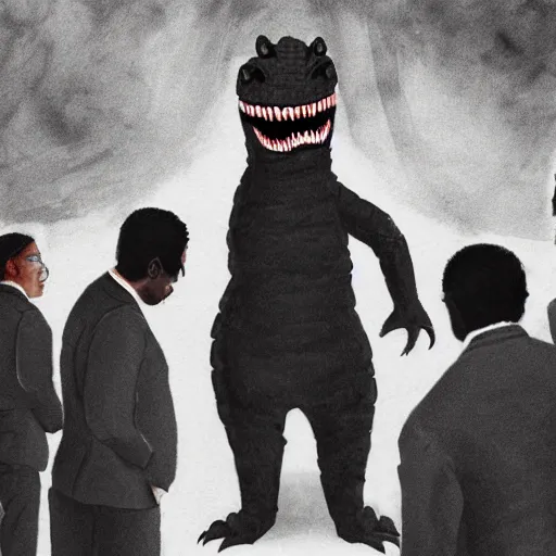 Prompt: black godzilla in a suit at the funeral