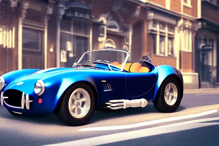 Prompt: a wholesome animation key shot of!! one!! focused!! ac cobra!!, shiny deep blue with white stripe, in a london street, at sunrise, medium wide shot, studio ghibli, pixar and disney animation, sharp, very detailed, high resolution, rendered in unreal engine 5, anime key art by greg rutkowski, bloom, atmospheric lighting