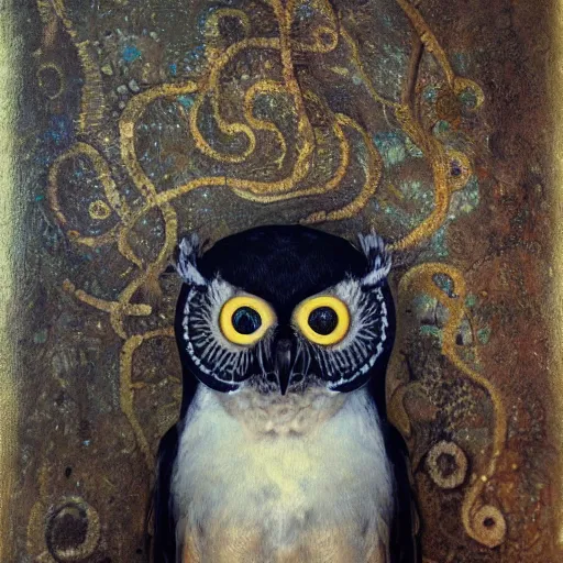 Image similar to bespectacled owl, modigliani, intricate detail, klimt, octane render, unreal engine,