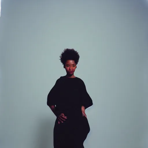 Image similar to realistic photoshoot for a new off-white lookbook, color film photography, portrait of a beautiful woman in style of tyler Mitchell, 35mm, graflex