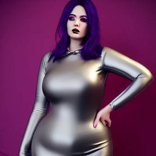 Image similar to curvy feminine goth young woman with dignified tight silver latex-nylon-silk dress, relaxed posture, purple makeup, photorealistic, cgsociety, sublime, 16k, smooth, sharp focus, ArtStation, hyperdetailed, volumetric lighting