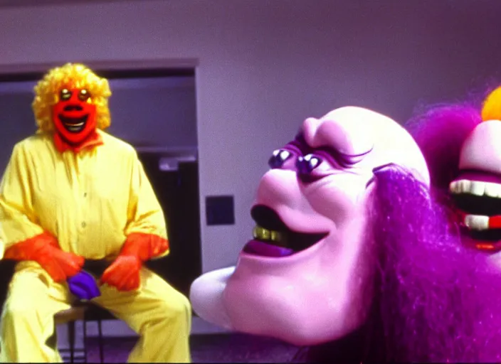 Prompt: film still of ronald mcdonald and grimace in a 1 9 8 0 s slasher movie